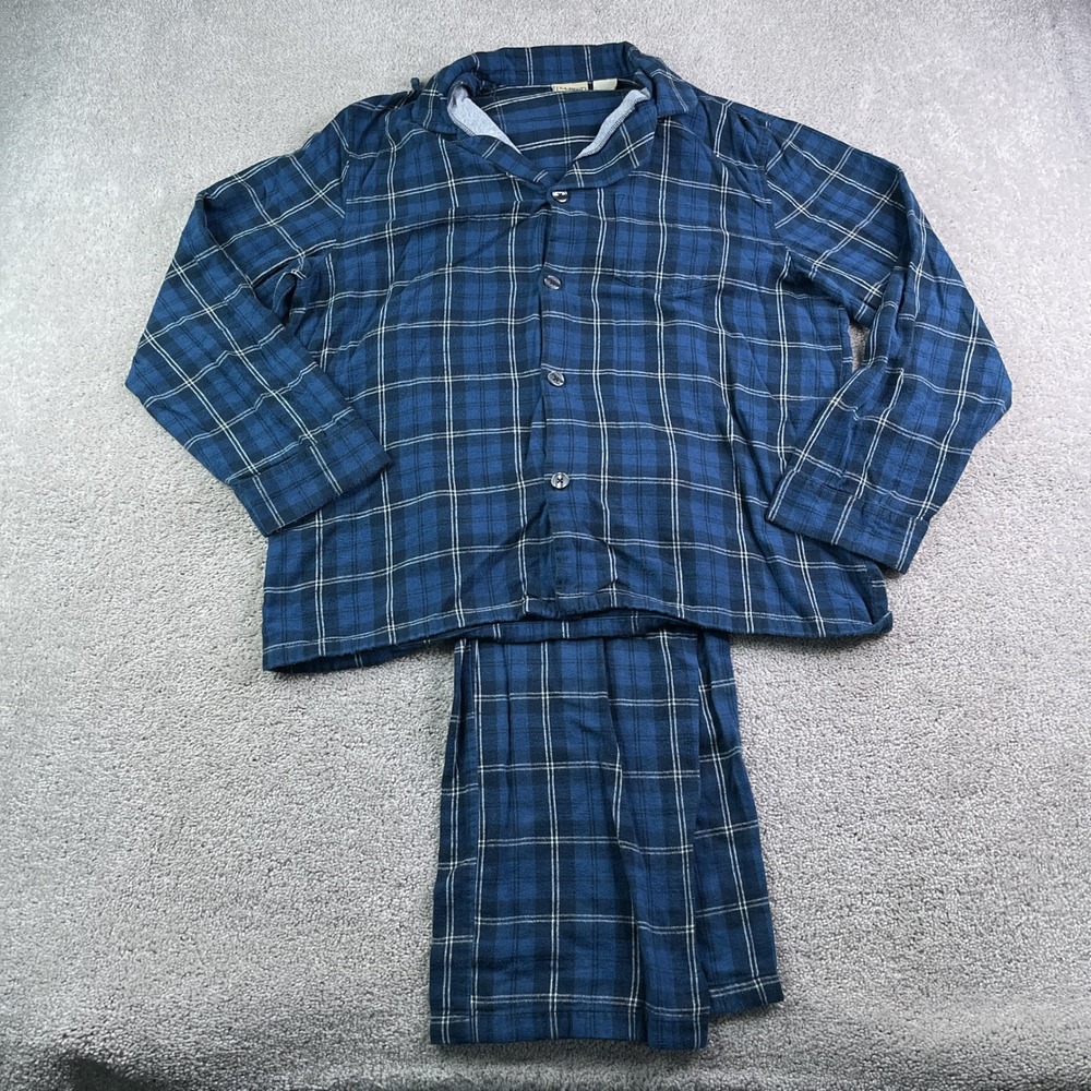 LL Bean Pajama Set Mens Large Blue Plaid Flannel Sleepwear Loungewear PJ